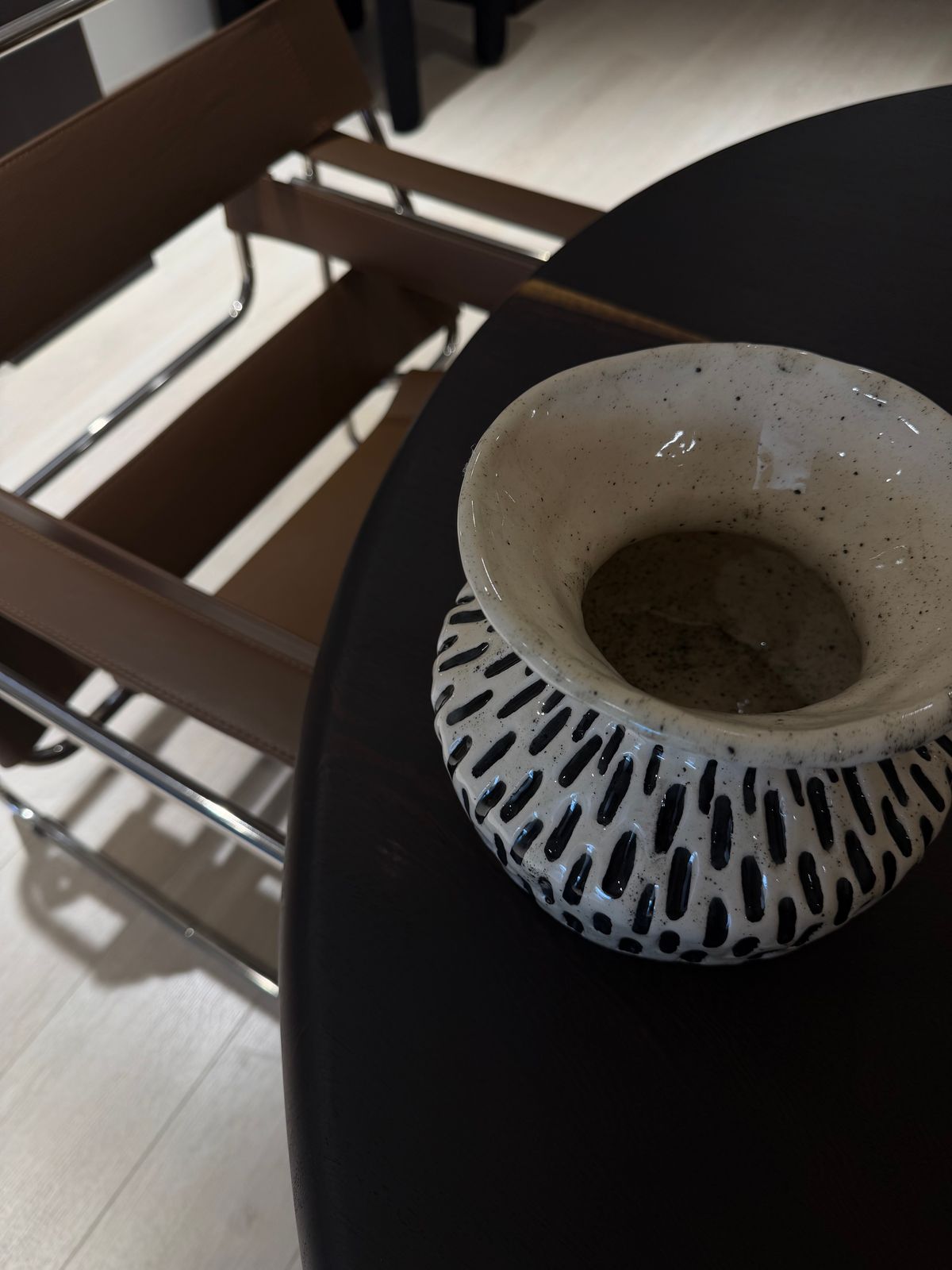 Bonie Helen Vase — A wide-mouthed vase with hand-painted black marks on a cream ground.