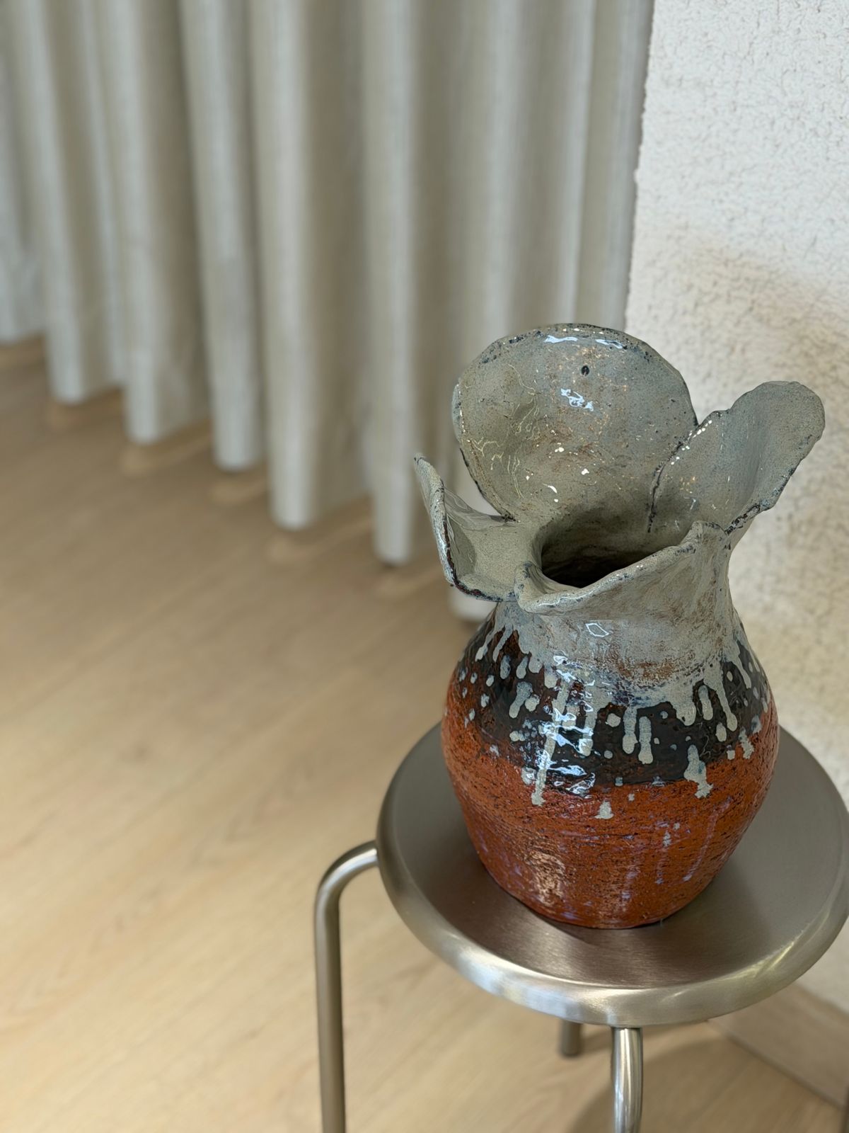 Bonie Iconic Vase — Blue — A blue-grey glaze running over a terracotta body, with a folded rim.