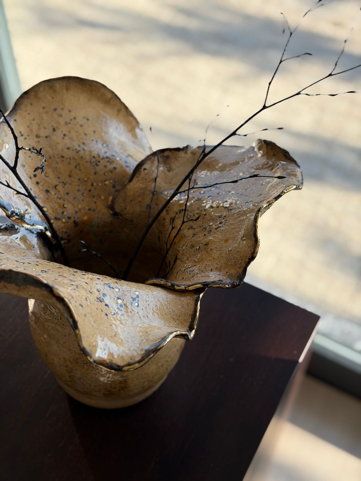 Bonie Iconic Vase — Lotus — A speckled, sand-toned glaze and a rim that opens like lotus petals.