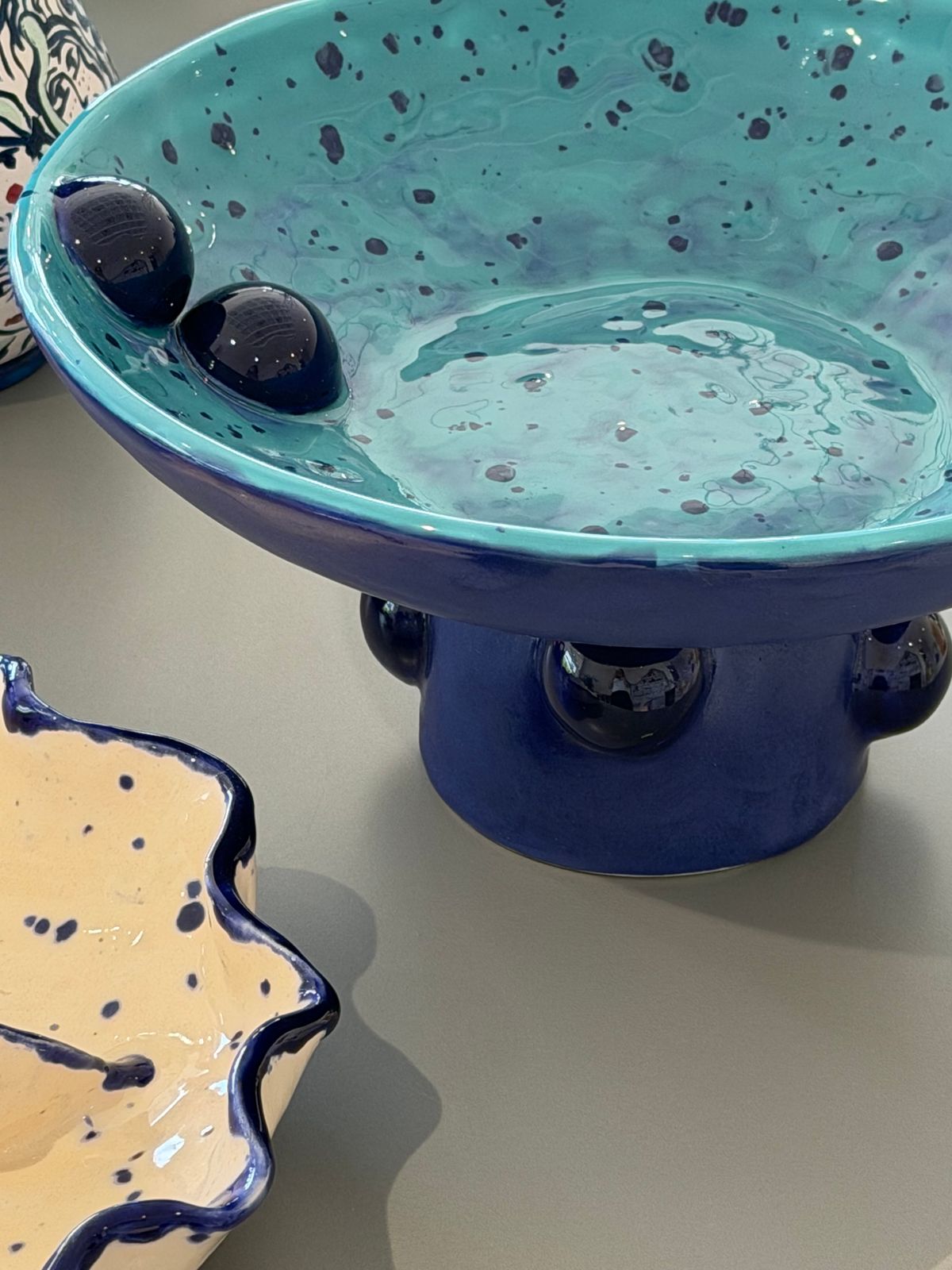 Pedestal Bowls — Variations on the pedestal bowl: speckled turquoise, textured and pitaya-patterned.