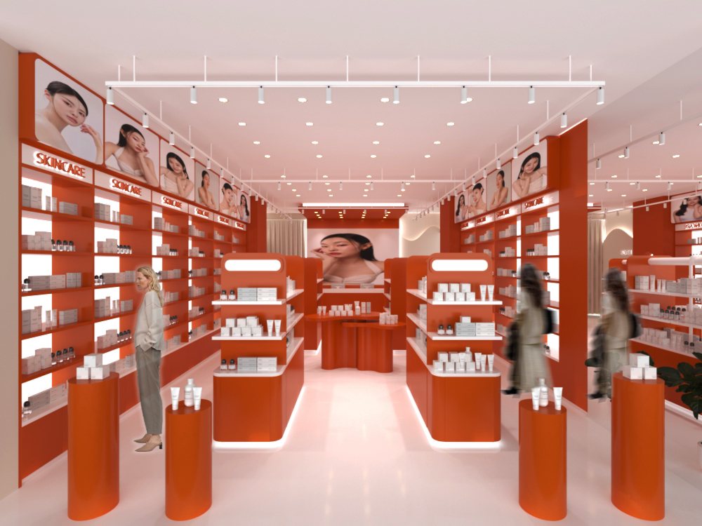 Overall view from the entrance — symmetrical shelving and coral palette