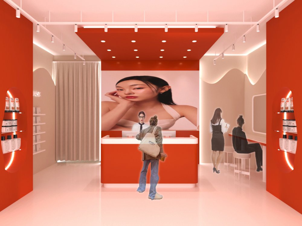 The area in front of the counter and its sculptural display unit