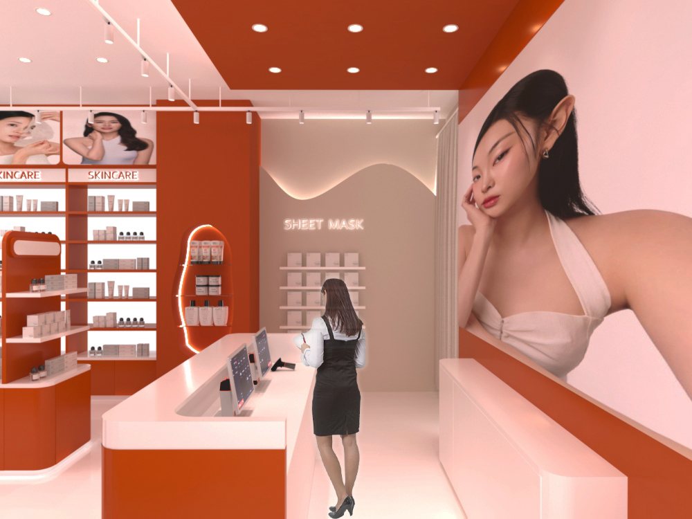 The cash desk and the brand wall behind it