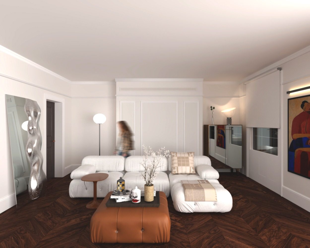Living room — modular seating, leather ottoman and sculptural mirror