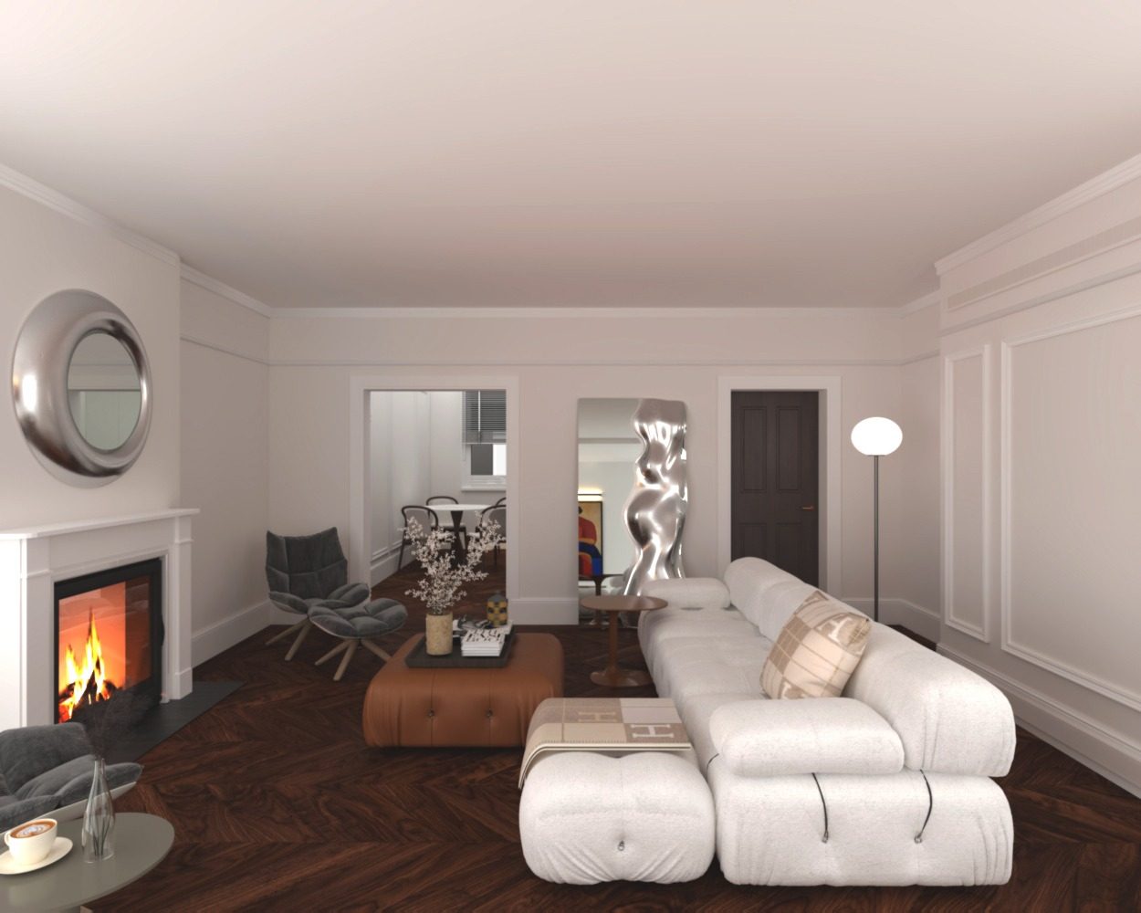 Seating area — fireplace and sculptural object