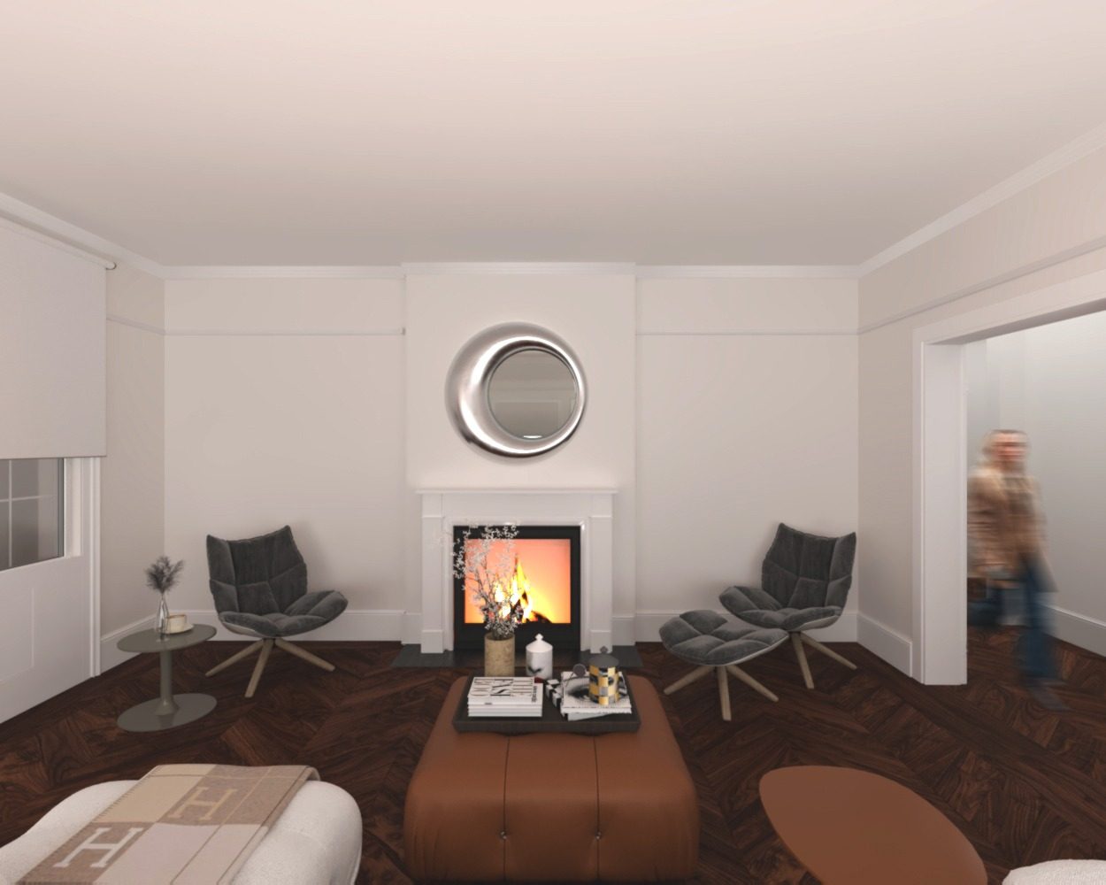 Paired seating in front of the fireplace