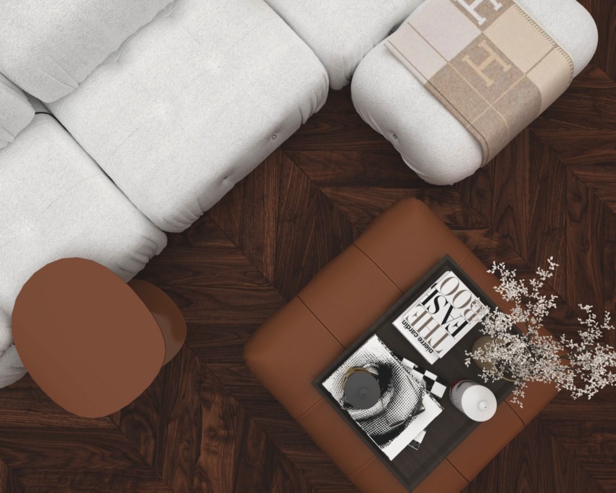 Overhead detail — ottoman, tray and texture composition