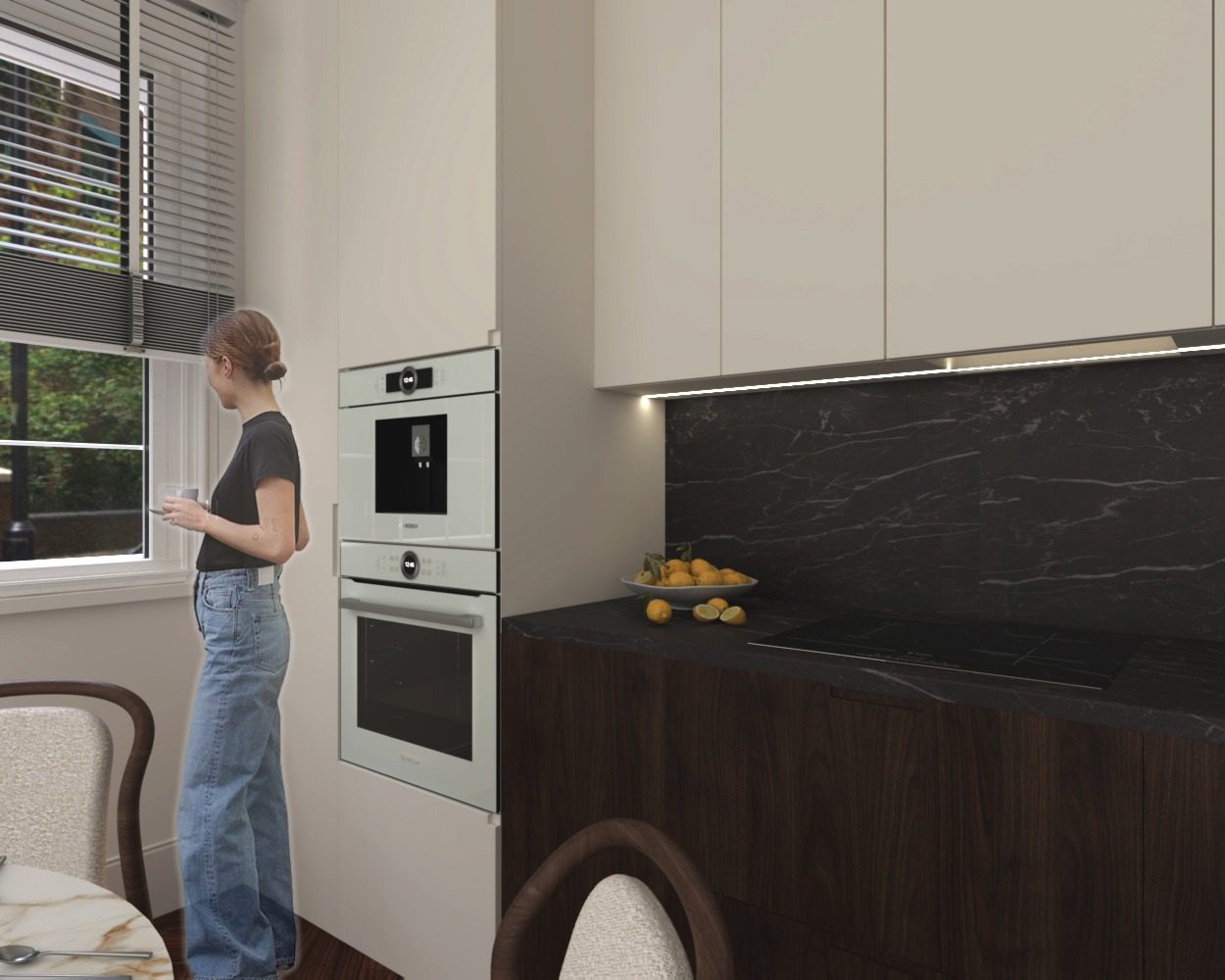 Kitchen — black marble worktop and dark timber