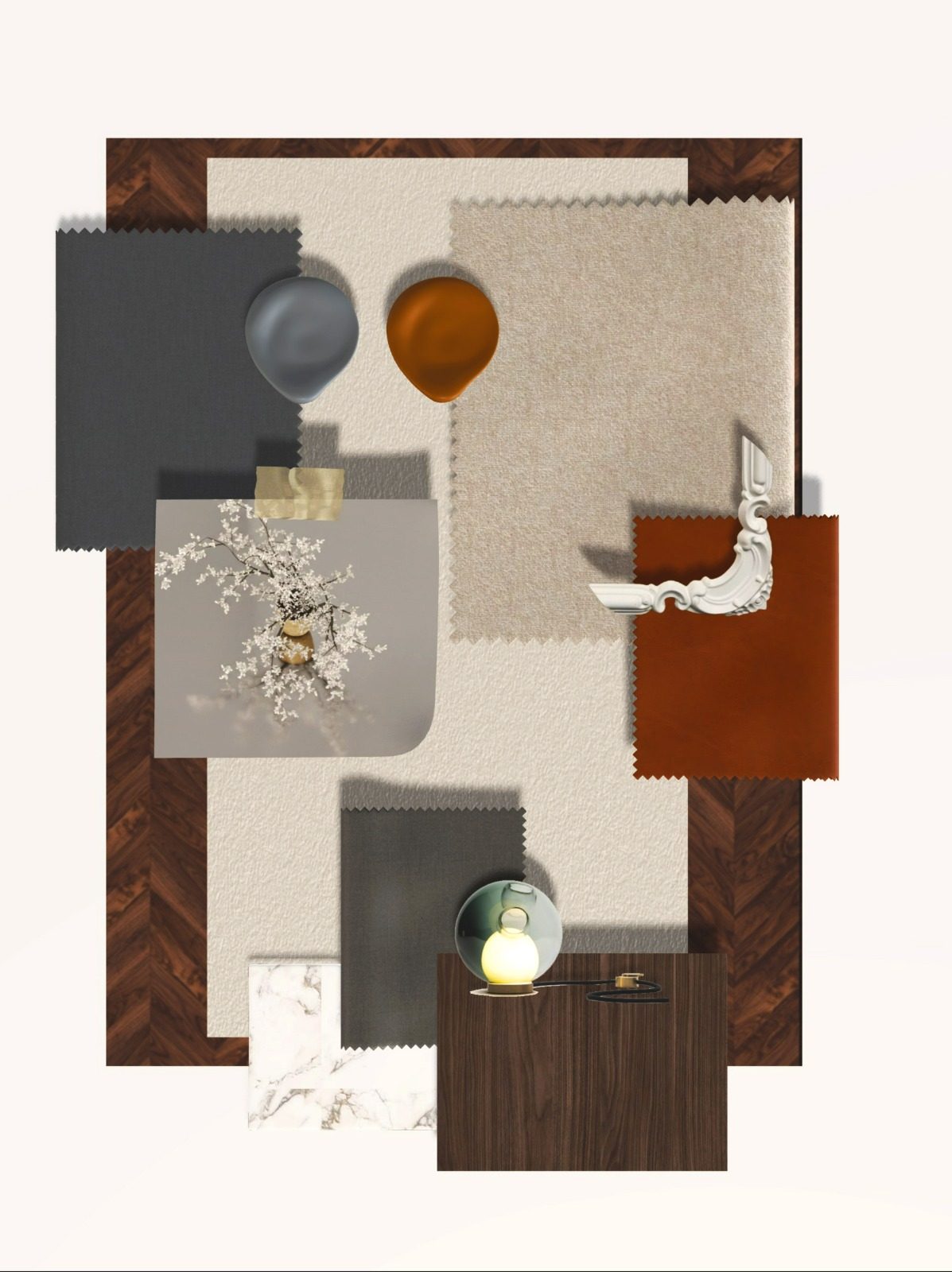 The project’s material palette — fabric, timber, stone and leather samples