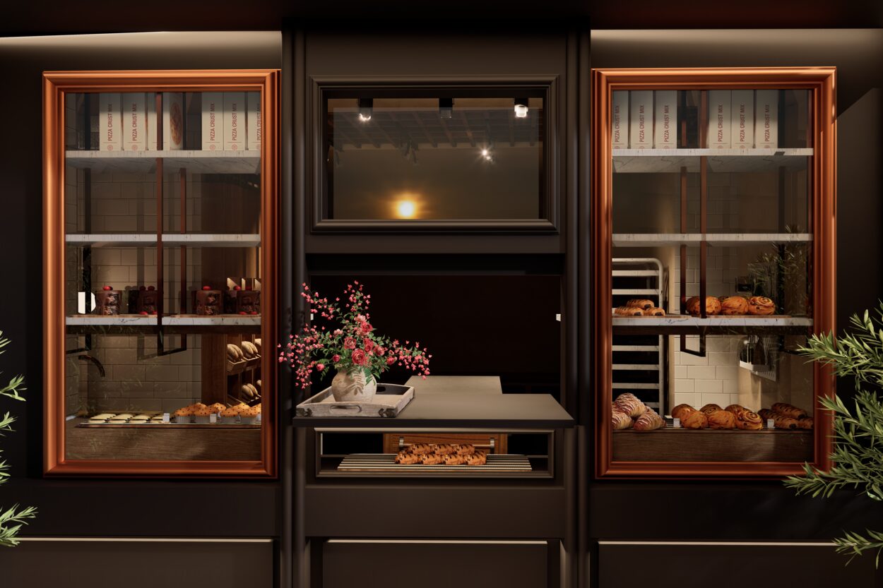 Copper-framed display units and product presentation detail