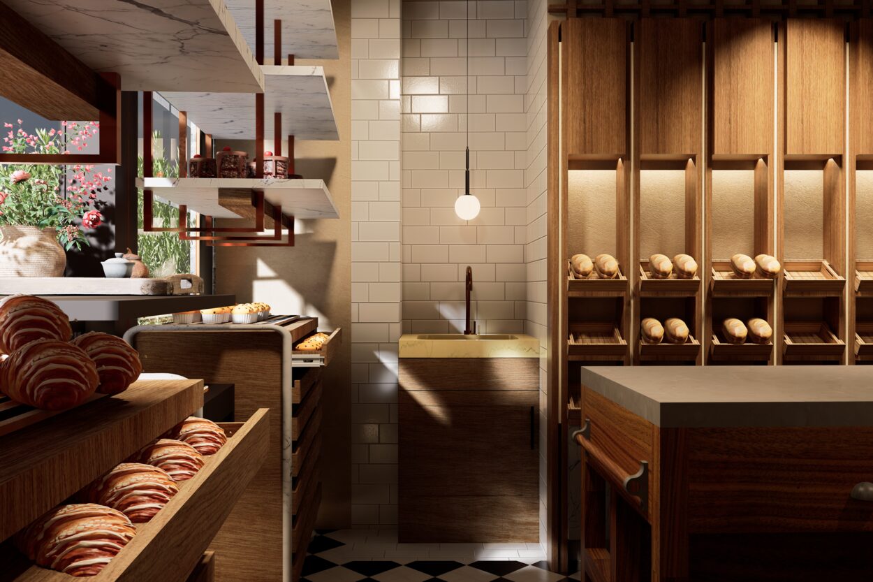 Interior — timber display shelving, granite counter and graphic flooring