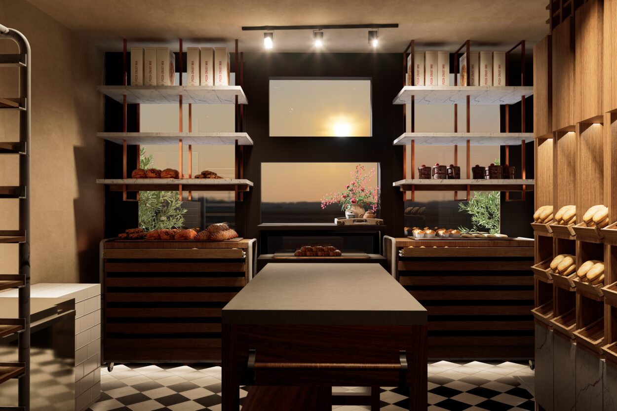 Symmetrical interior view of the preparation and display area