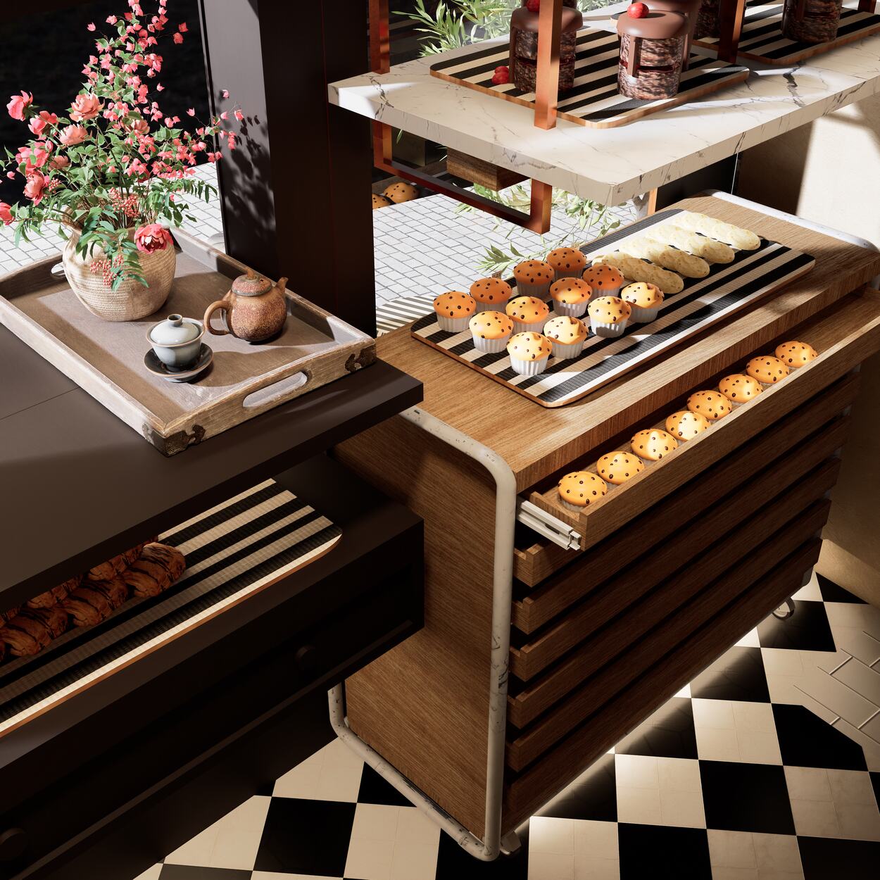 Custom-designed service trolley and display trays, seen from above