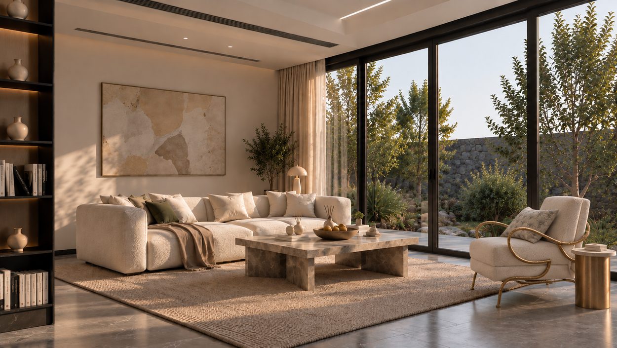 Living area — natural stone coffee table, tactile fabrics and a glazed wall to the garden in evening light