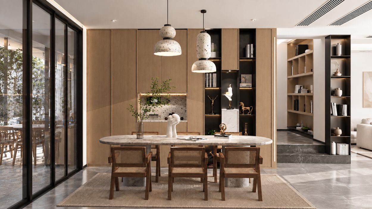 Dining area — timber cabinetry wall, lit niches and terrazzo pendant lights